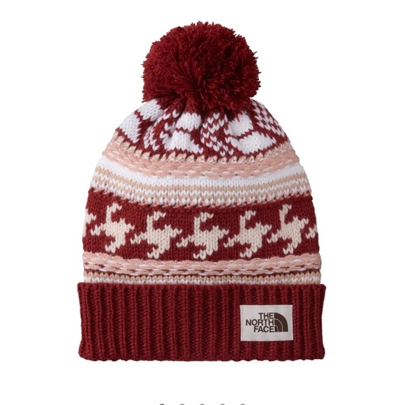 The North Face Women's Fair Isle Beanie Maroon Hat NWT Oversized Pom - Picture 2 of 6